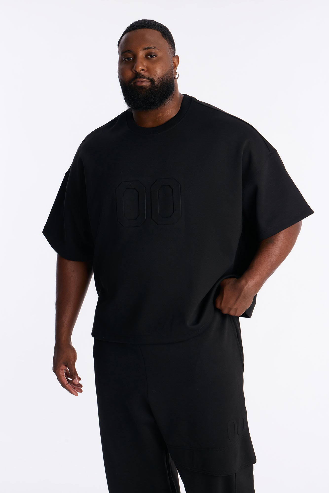 Structured Fleece Embossed Number Tee - Black