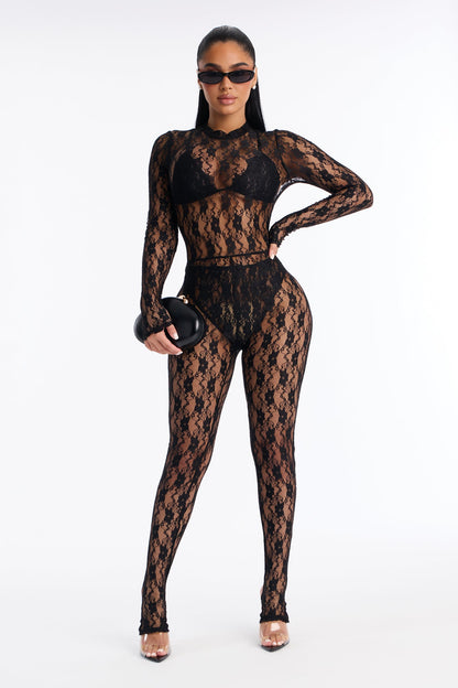 Angelica Lace Stirrup Catsuit 3 Piece Set - Black