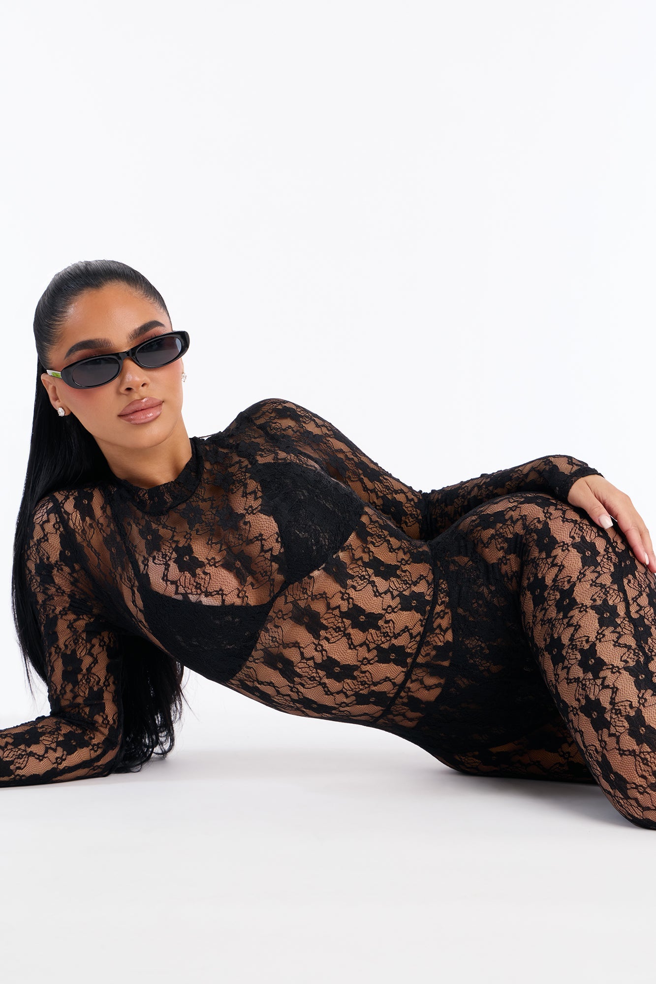 Angelica Lace Stirrup Catsuit 3 Piece Set - Black