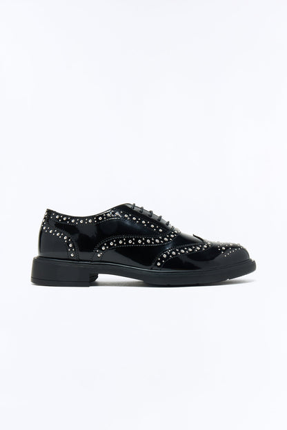 Patent Leather Studded Wing Tip Lace Up Shoe - Black