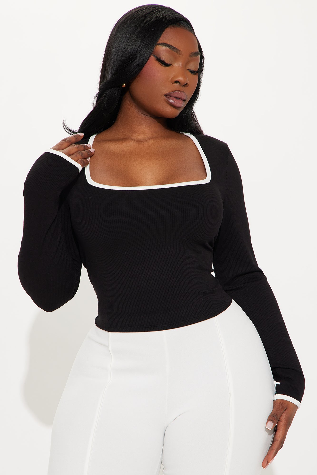 Rya Ribbed Long Sleeve Top - Black/White
