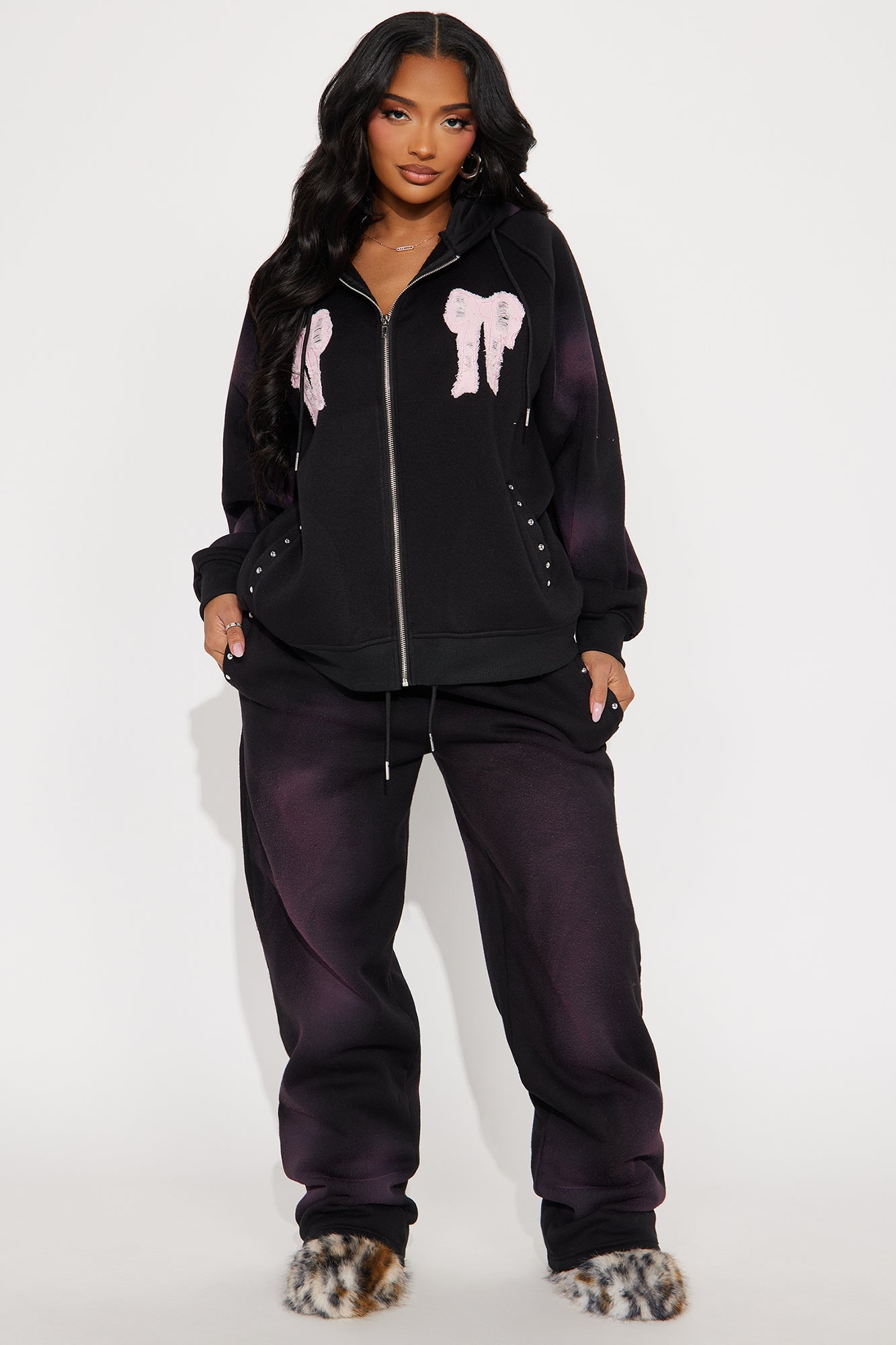 Bow Fleece Sweatsuit Set - Black Wash