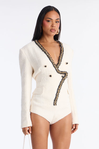 Heart Me Tweed Long Sleeve Romper - Cream/combo