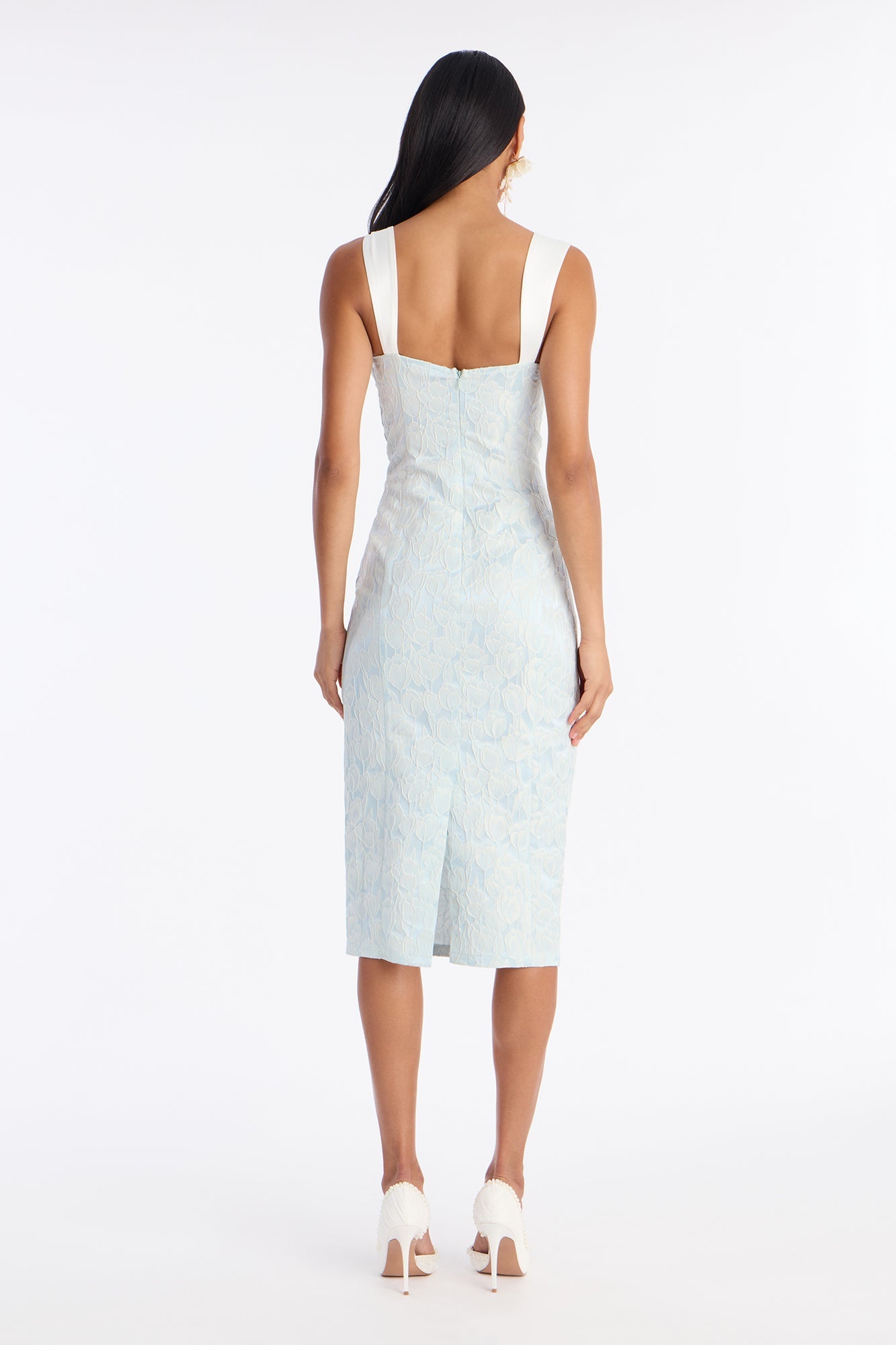 Sweet Floral Jacquard Midi Dress - Blue