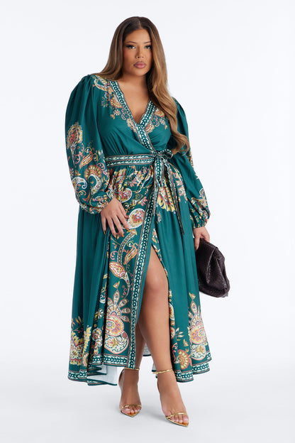 Donna Satin Paisley Midi Dress - Green
