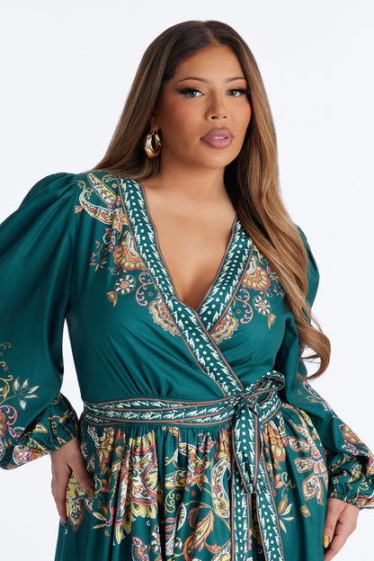 Donna Satin Paisley Midi Dress - Green