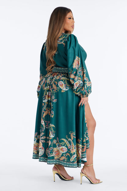 Donna Satin Paisley Midi Dress - Green