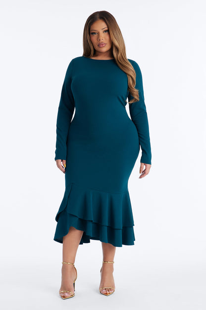 Bianca Long Sleeve Peplum Midi Dress - Hunter