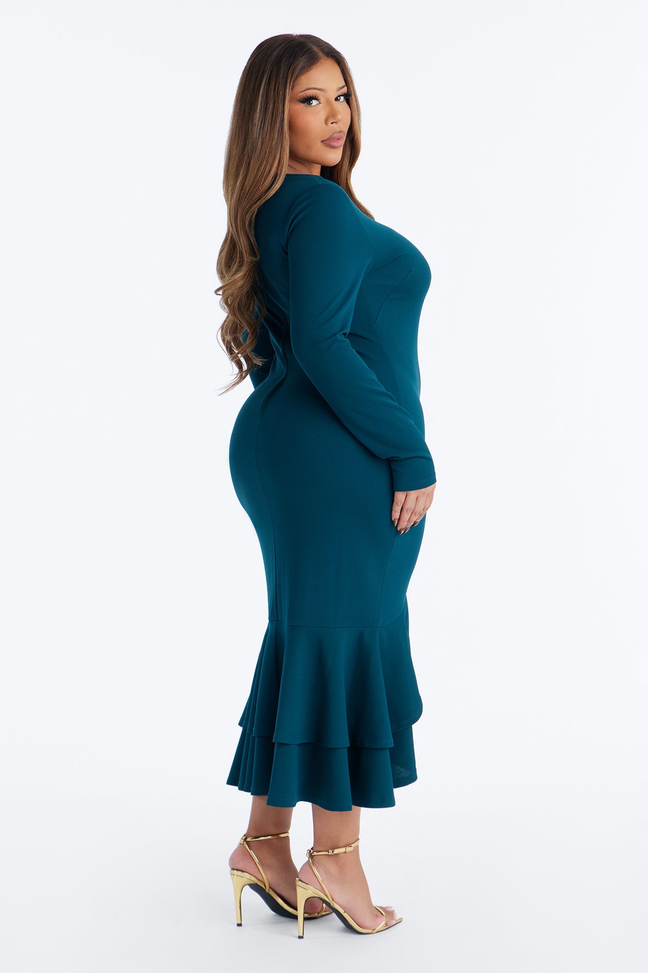 Bianca Long Sleeve Peplum Midi Dress - Hunter