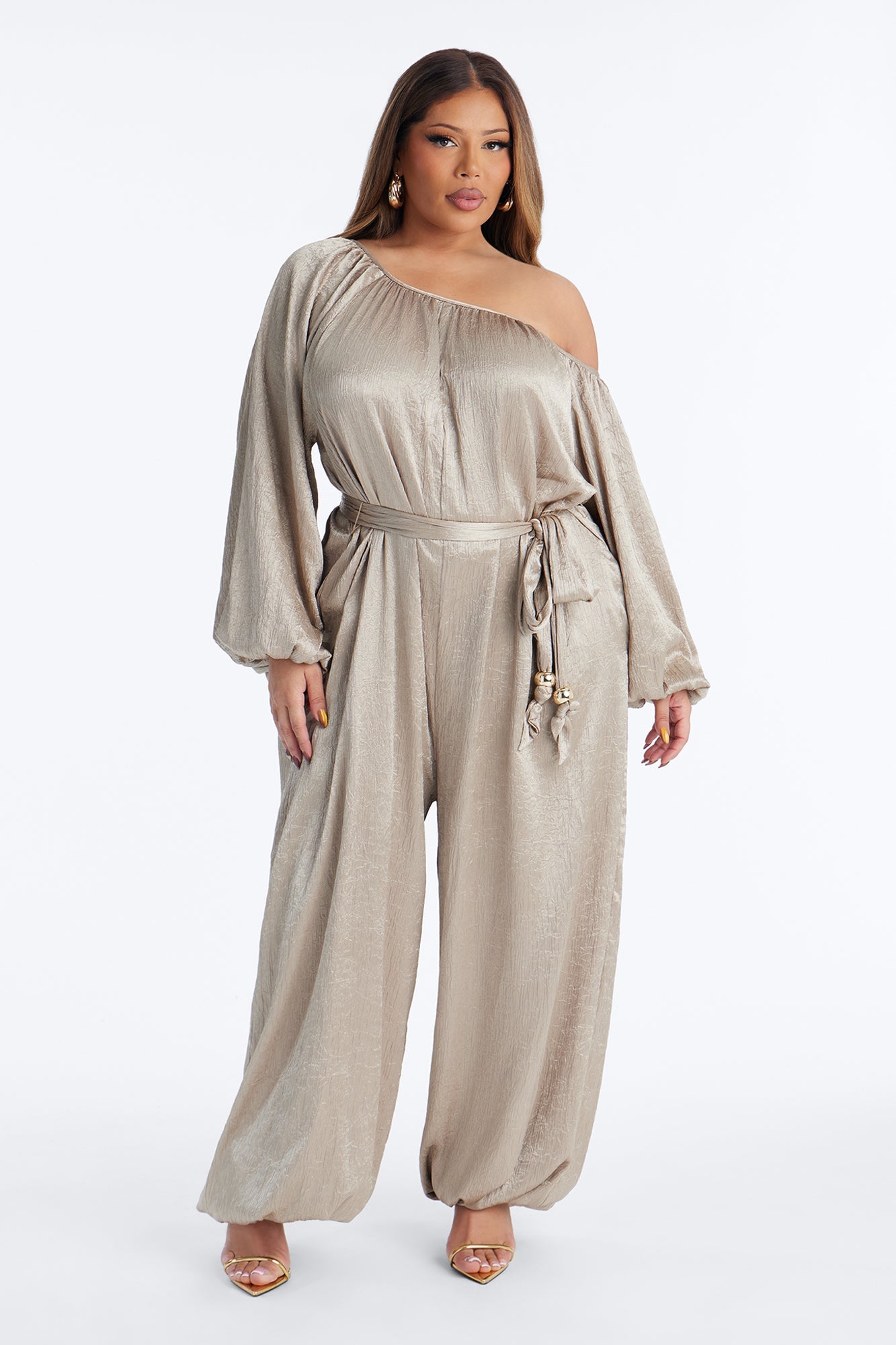 Tia Tie Waist Balloon Wide Leg Jumpsuit - Champagne