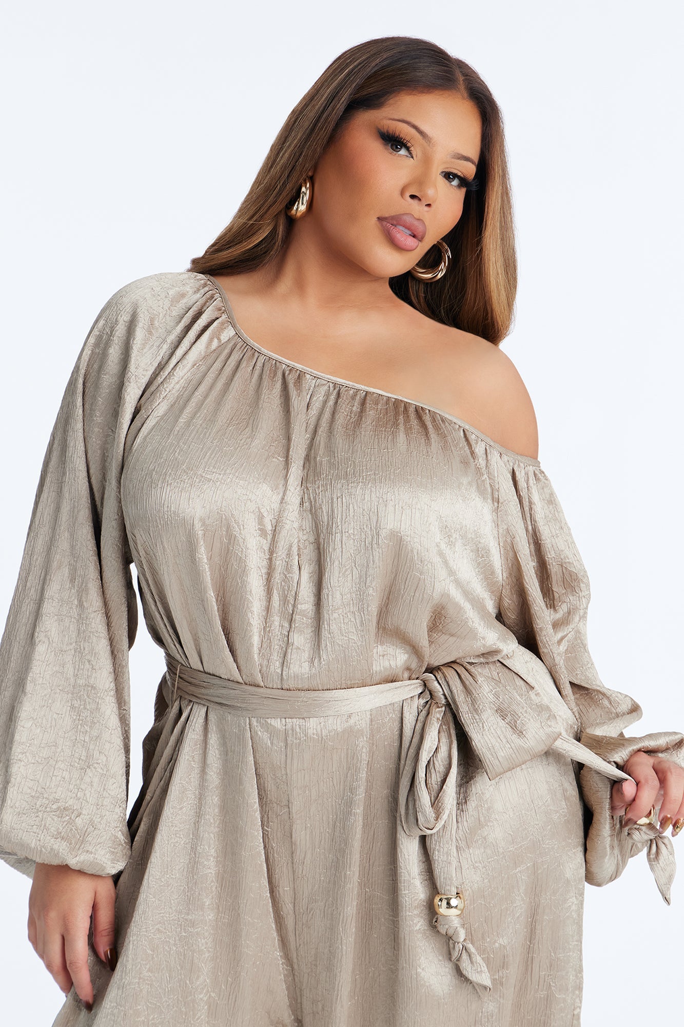 Tia Tie Waist Balloon Wide Leg Jumpsuit - Champagne
