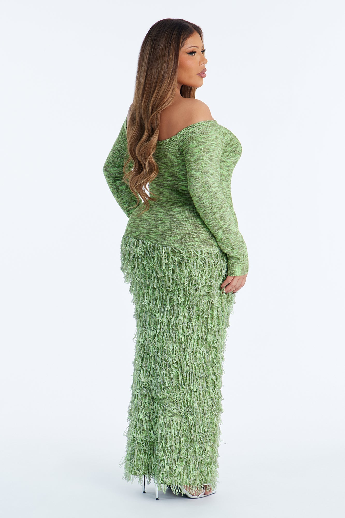 Kimberly Fringe Off Shoulder Sweater Maxi Dress - Green