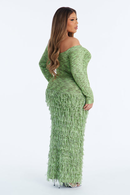 Kimberly Fringe Off Shoulder Sweater Maxi Dress - Green