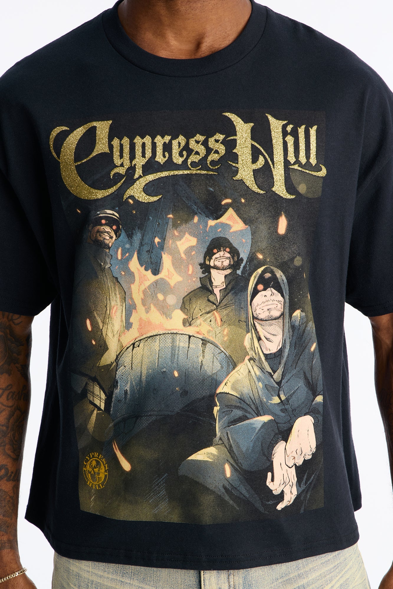 Cypress Hill Glitter Print Boxy Short Sleeve Tee - Black