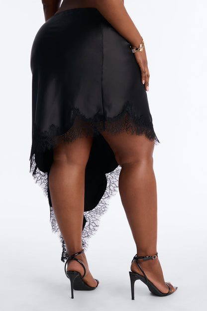 Juliette Asymmetrical Lace Trim Satin Midi Skirt - Black