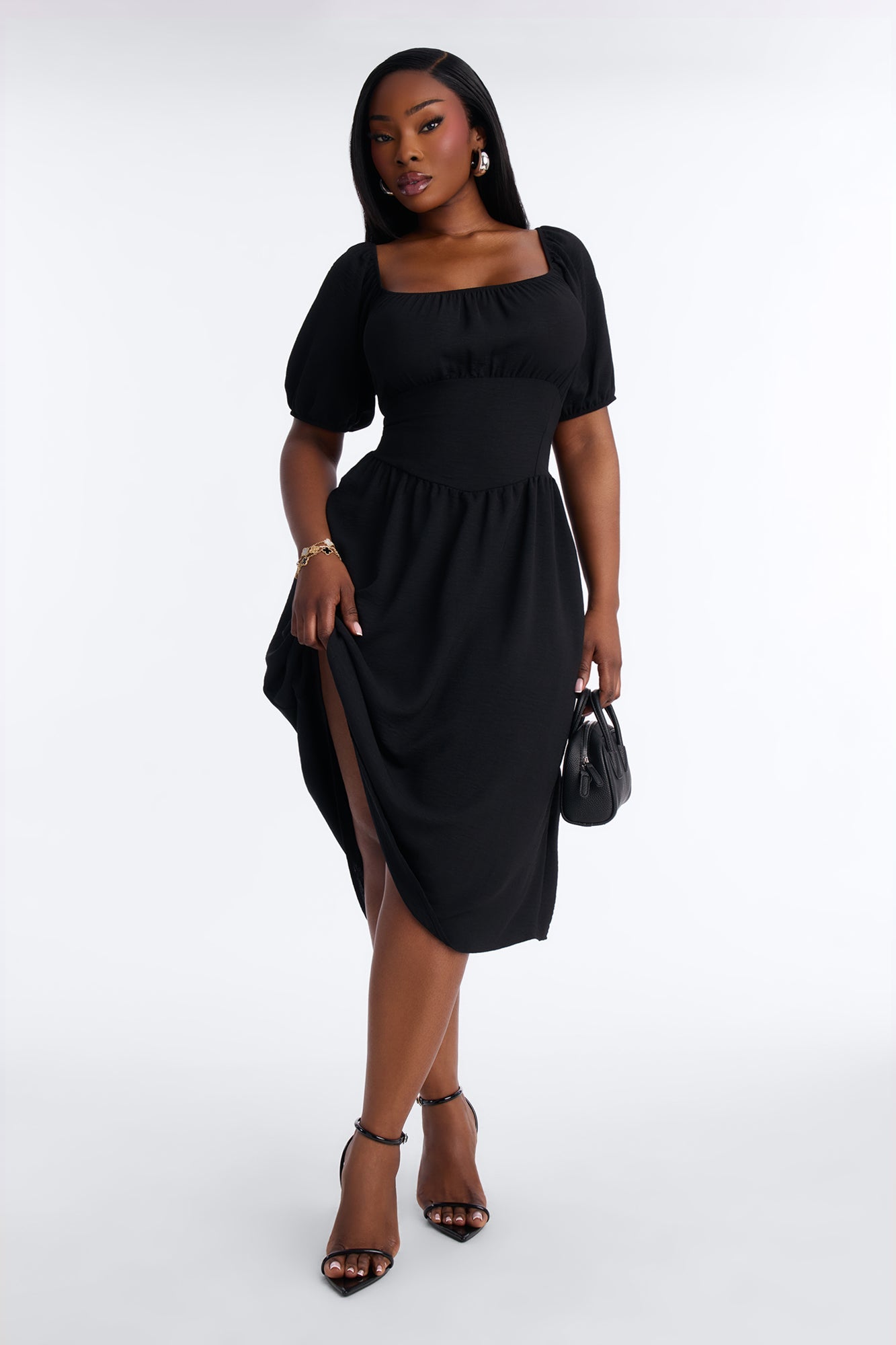 Raya Short Sleeve Bow Midi Dress - Black