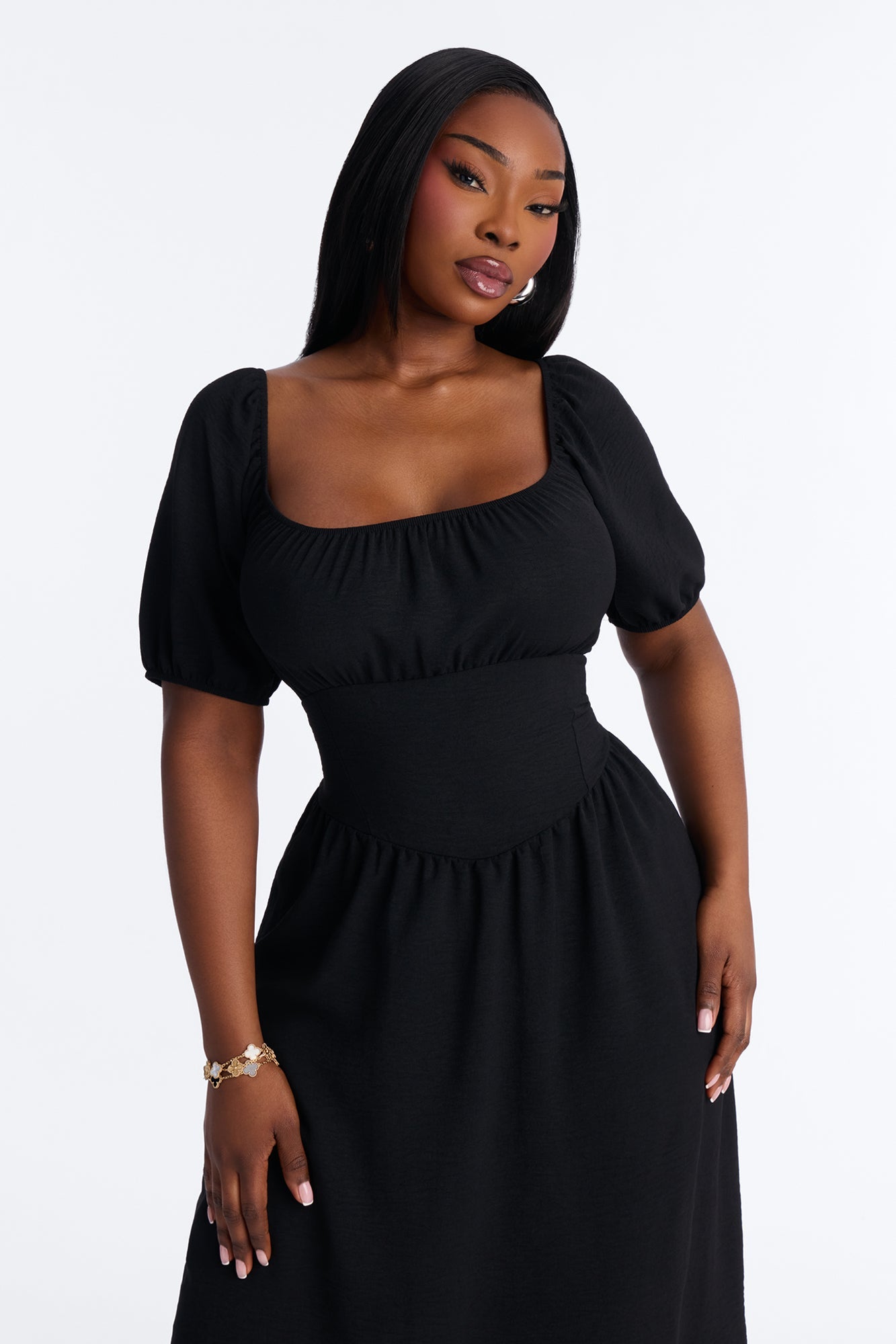 Raya Short Sleeve Bow Midi Dress - Black