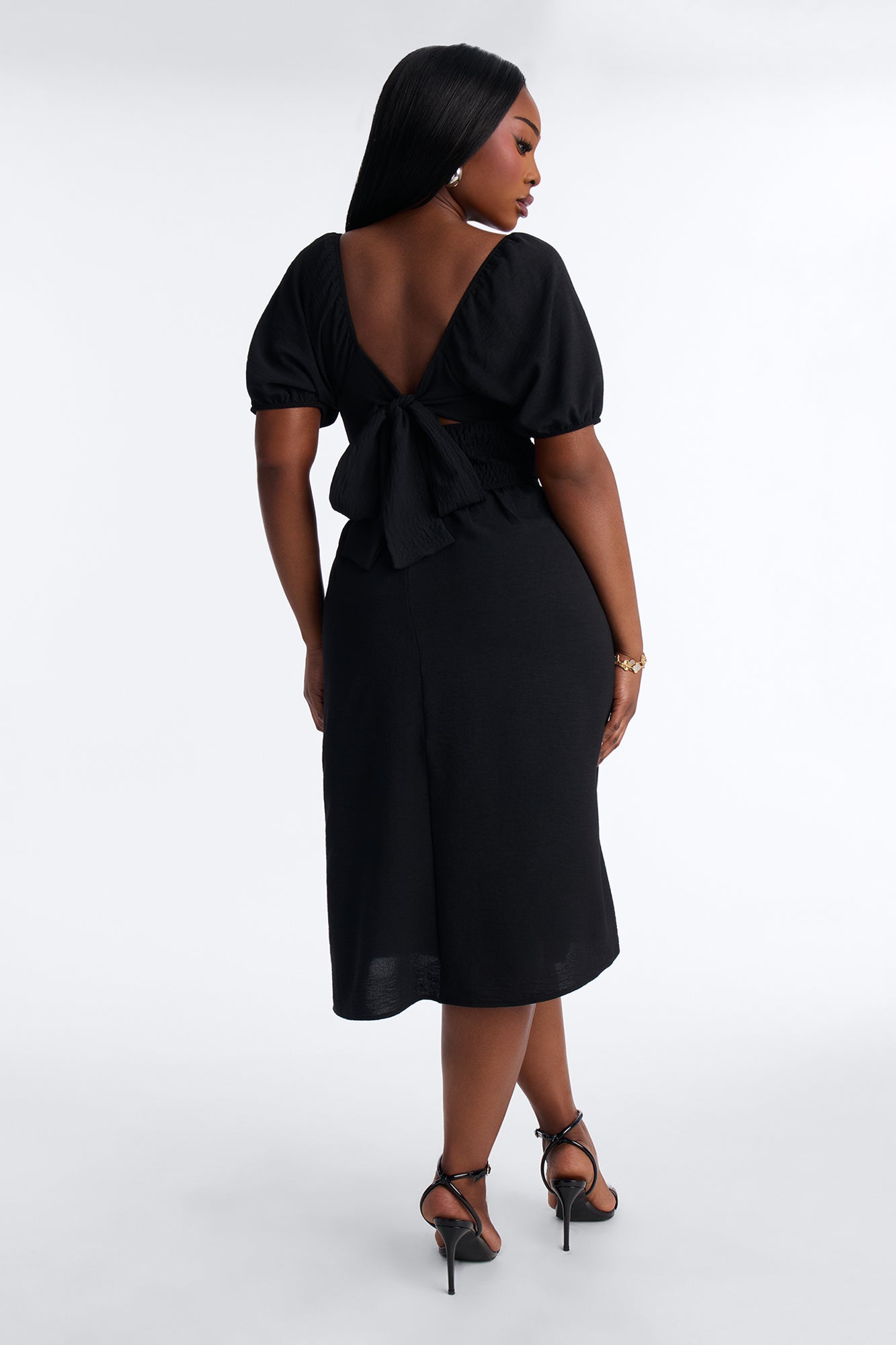 Raya Short Sleeve Bow Midi Dress - Black