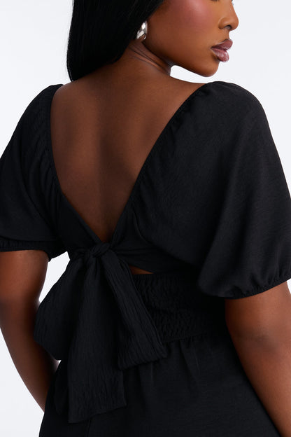 Raya Short Sleeve Bow Midi Dress - Black
