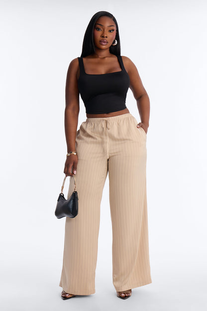 Lulu Pinstripe Satin Wide Leg Pant 32″ - Sand