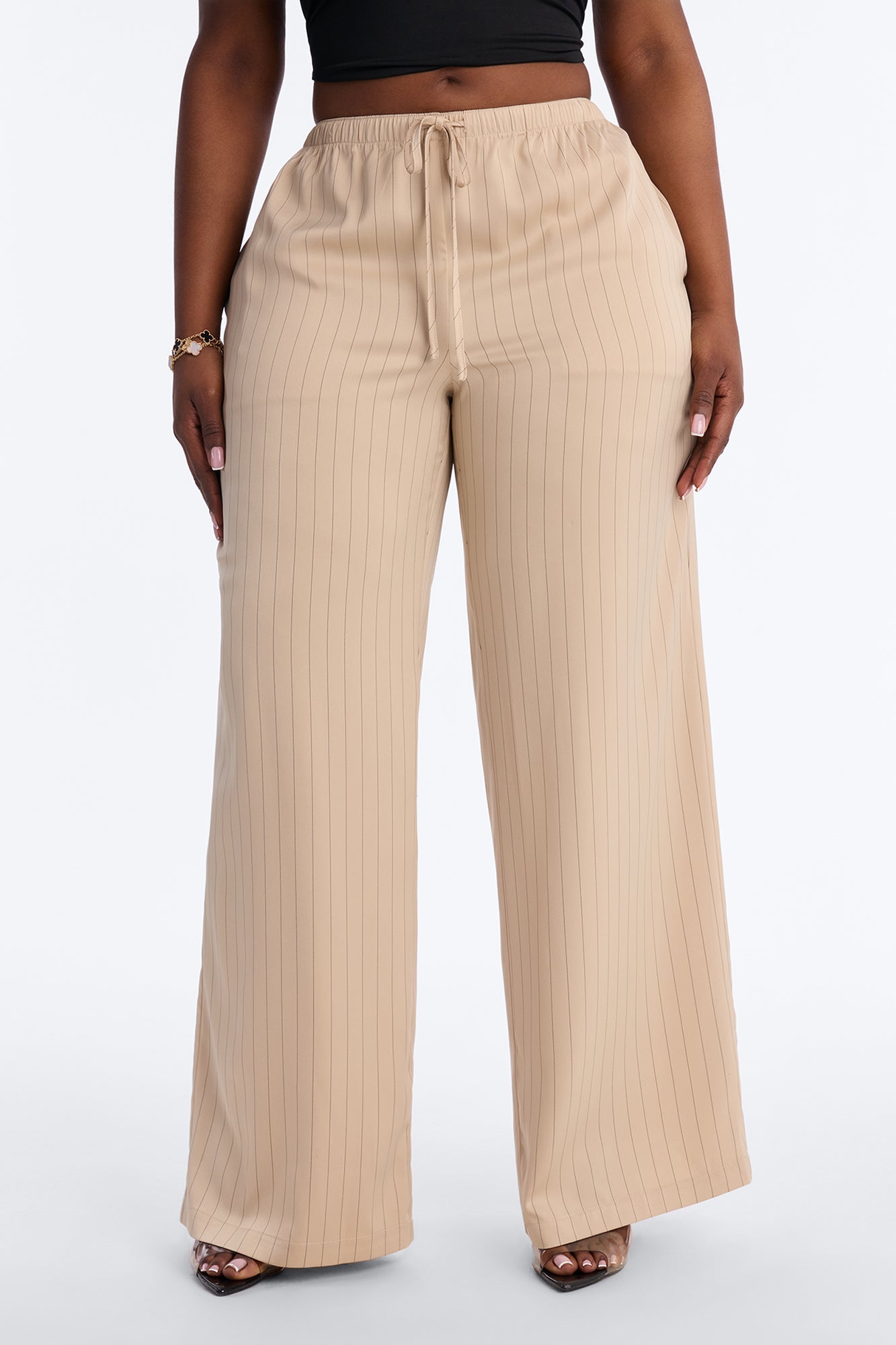Lulu Pinstripe Satin Wide Leg Pant 32″ - Sand