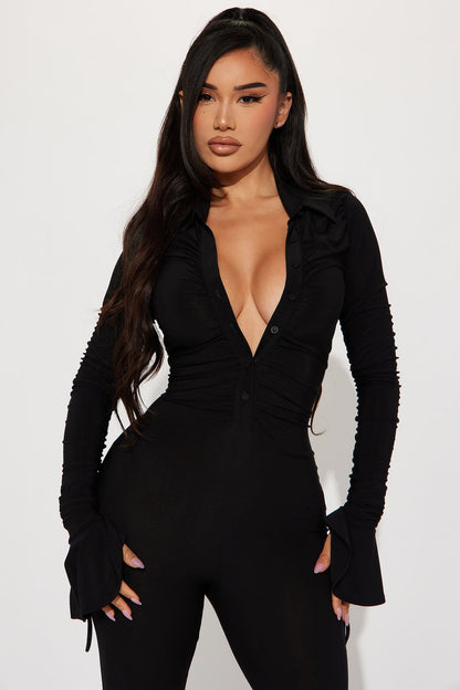 Get A Good Look Ruched Jumpsuit - Black