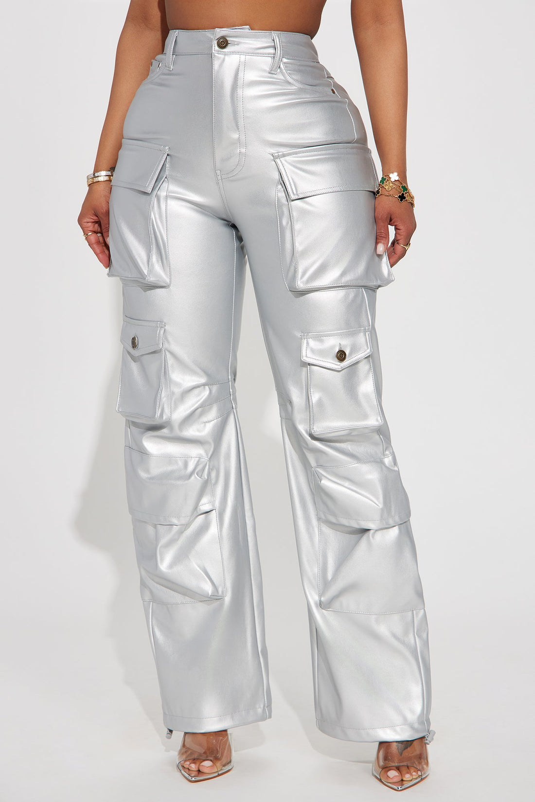 City Is Mine Faux Leather Cargo Pant - Silver