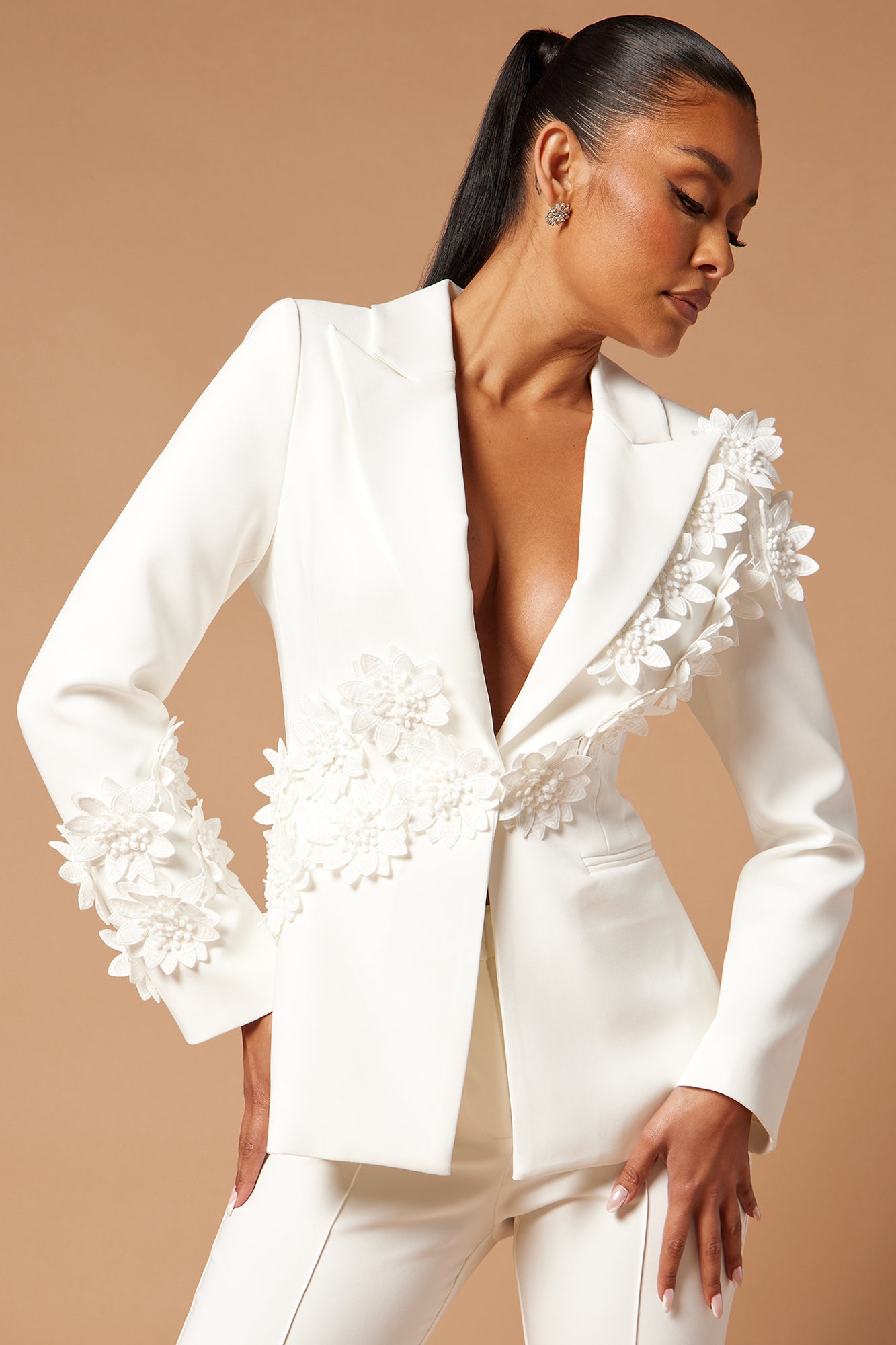 Claudette Floral Embroidered Suit Set - White