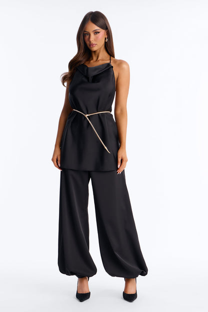 Malu Satin Halter Balloon Pant Set - Black