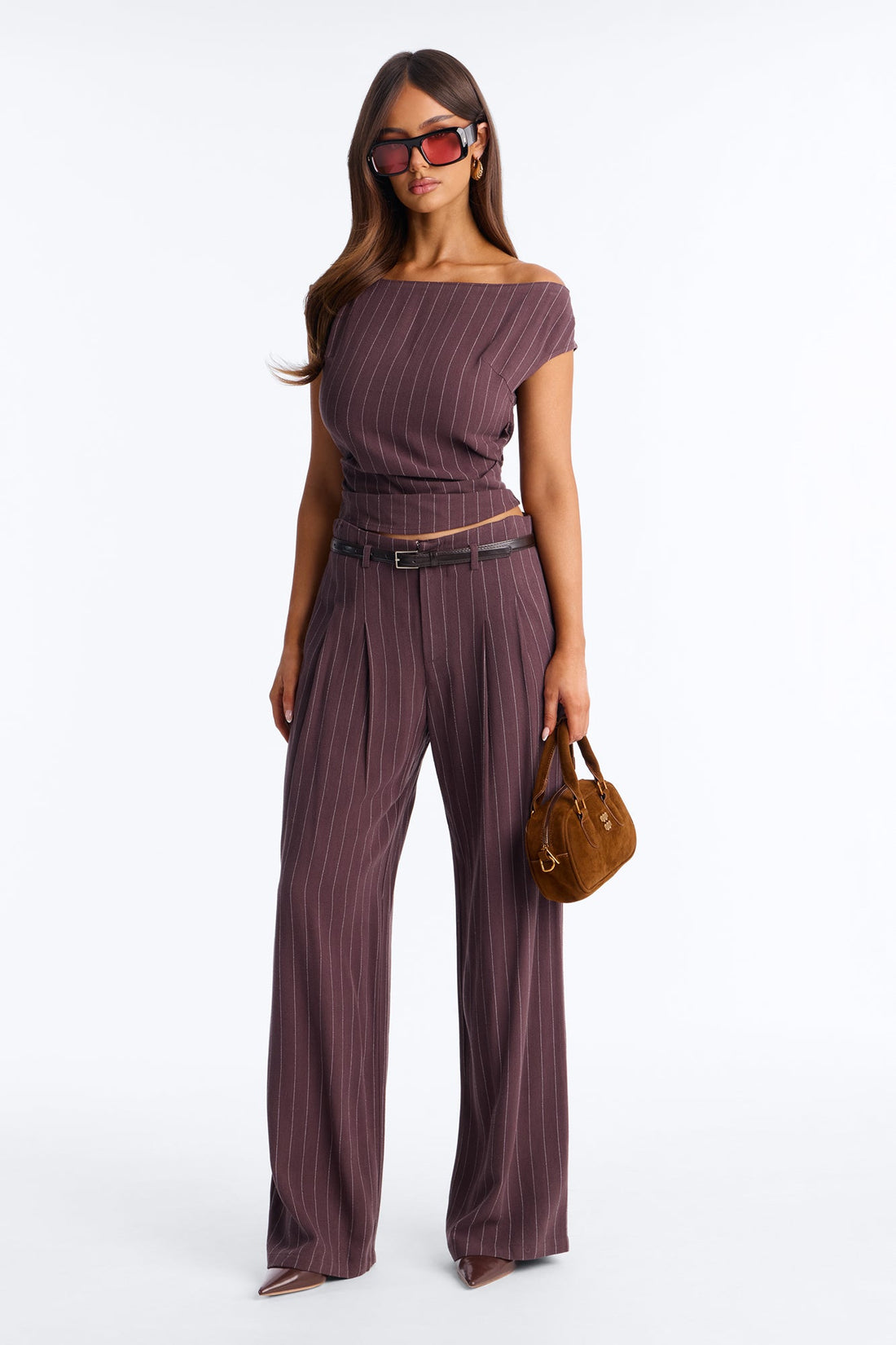 Marquez Linen Pinstripe Off Shoulder Pant Set - Brown