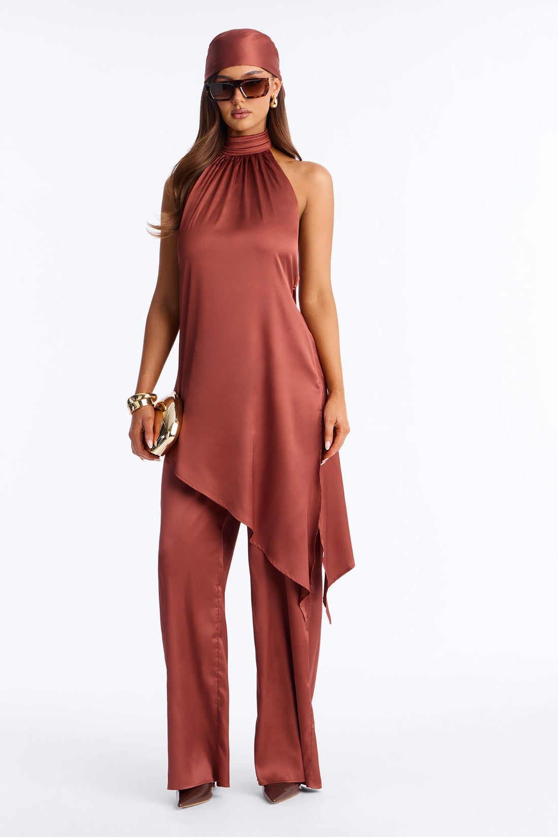Lea Satin Draped 2 Piece Jumpsuit Set - Rust