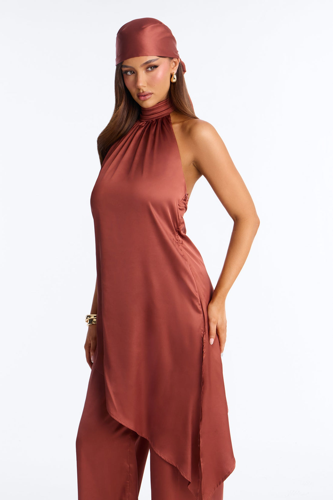 Lea Satin Draped 2 Piece Jumpsuit Set - Rust