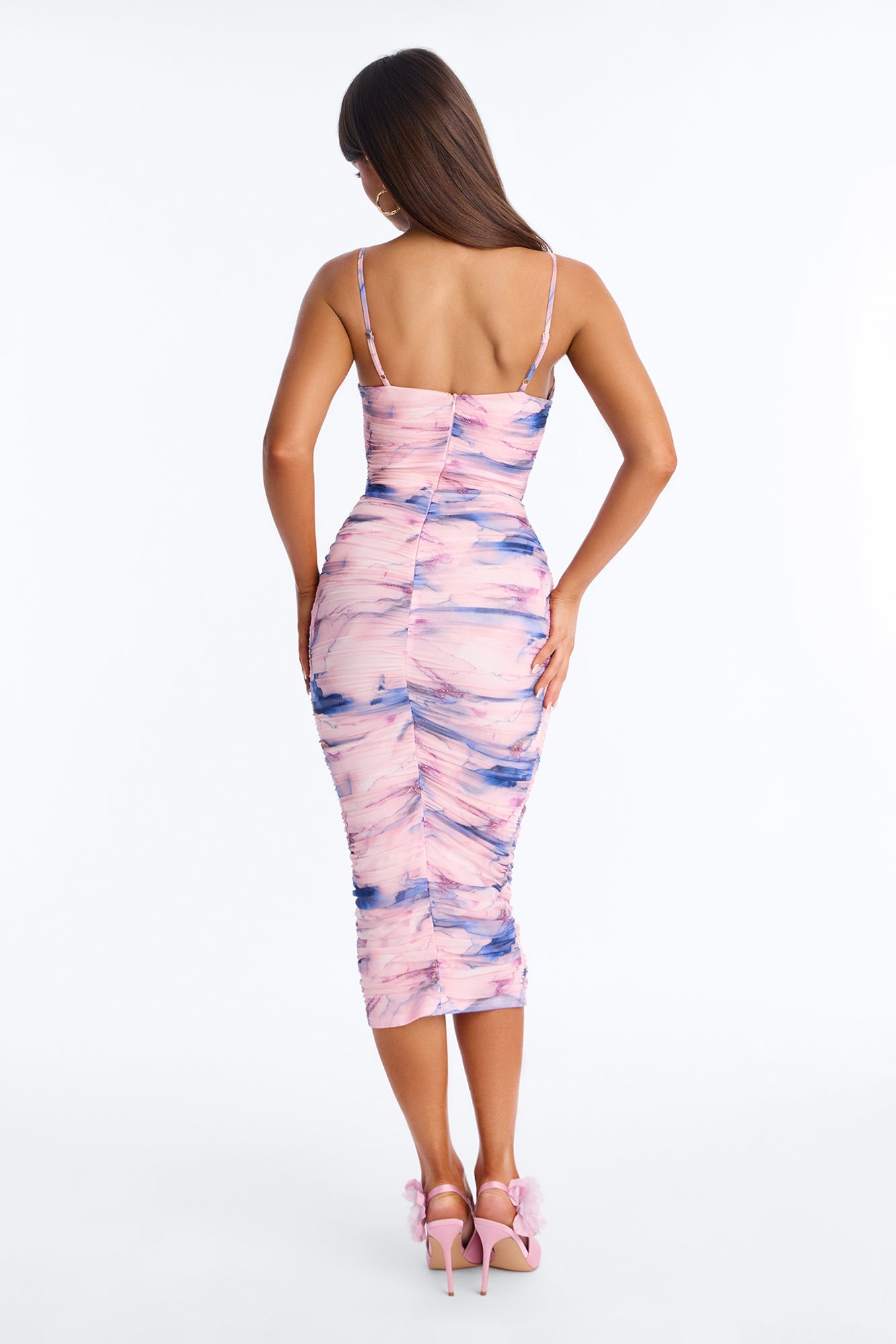 Zaria Ruched Marble Mesh Mini Dress - Blue/combo