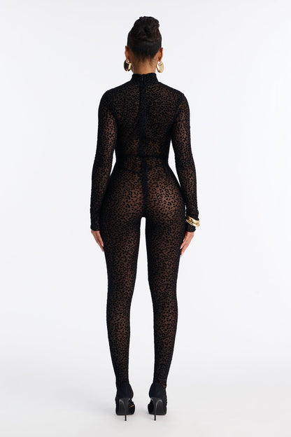 Spotted Desire Leopard Mesh Jumpsuit - Black/Black