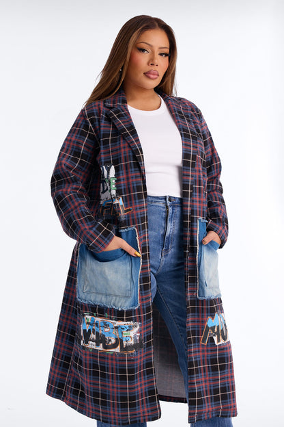 All Patched Up Plaid Graffiti Long Blazer - Purple/combo