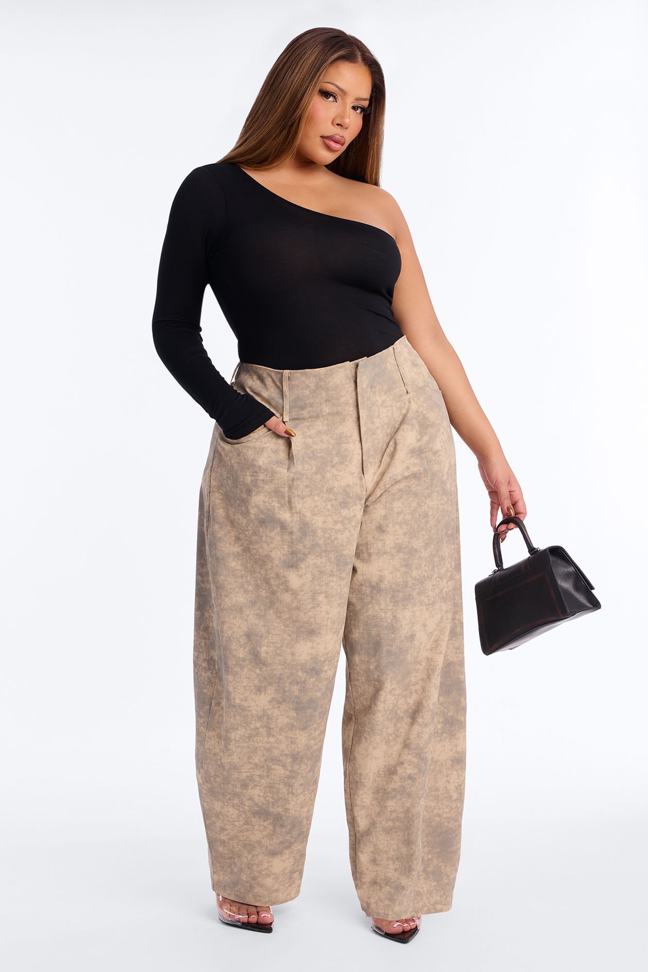 Kian Mid Rise Cloud Print Barrel Leg Pant 29″ - Taupe/combo