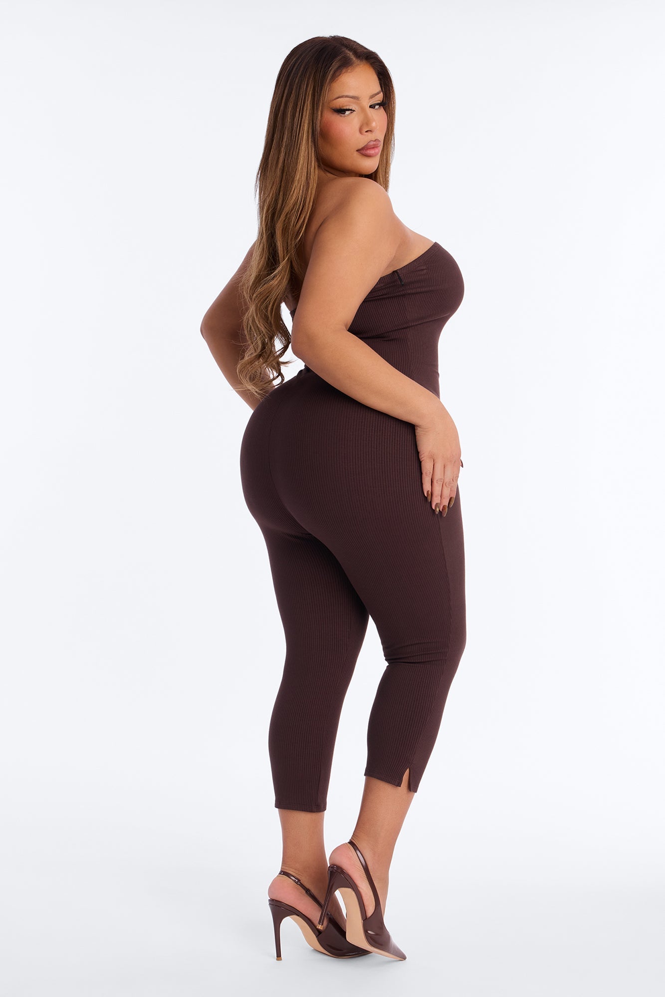 Selena Strapless Snatched Capri Jumpsuit - Chocolate