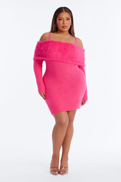 Adley Fur Trim Sweater Mini Dress - Hot Pink
