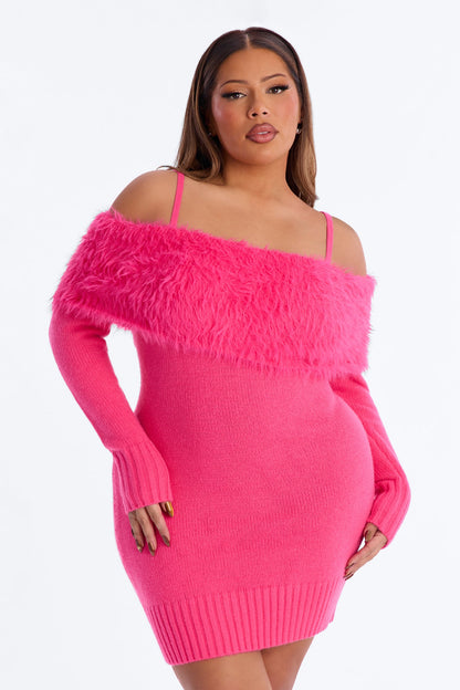 Adley Fur Trim Sweater Mini Dress - Hot Pink