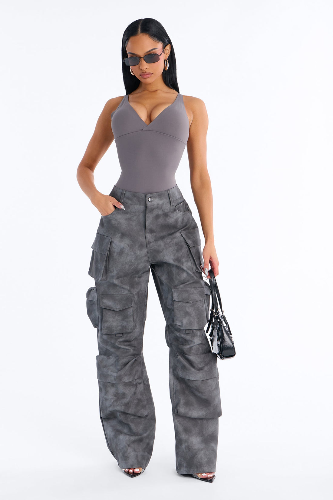 Harvey Washed Faux Leather Cargo Pant - Black Wash