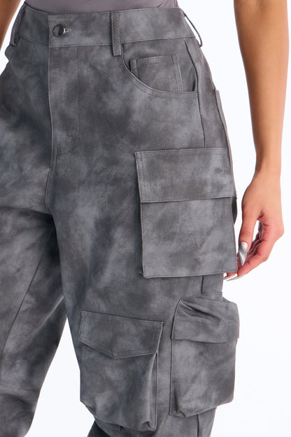 Harvey Washed Faux Leather Cargo Pant - Black Wash