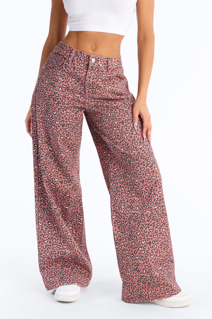 Wild At Heart Cheetah Print Wide Leg Jeans - Pink/combo