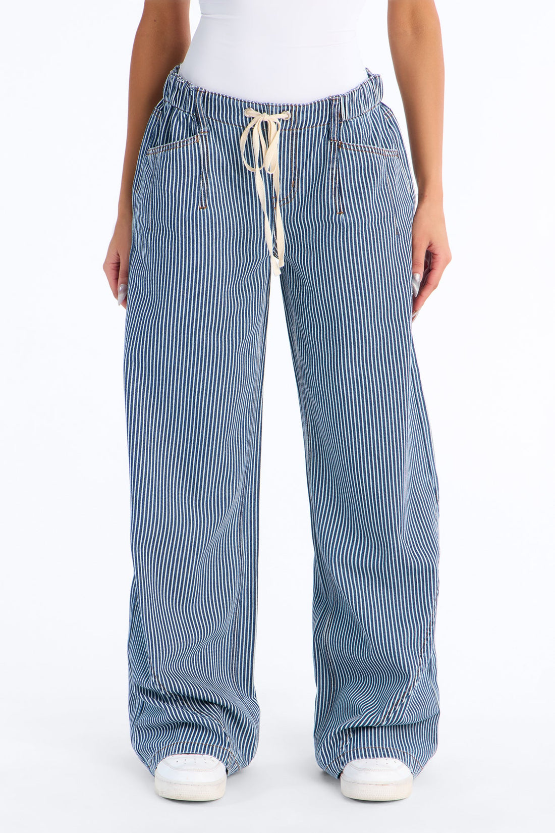 Linden Pinstripe Drapey Drawstring Jeans - Dark Wash
