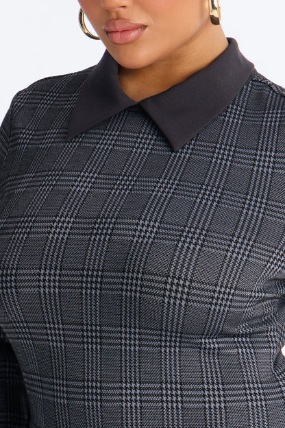 Tori Collar Houndstooth Midi Dress - Grey