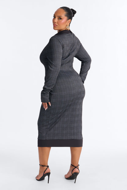 Tori Collar Houndstooth Midi Dress - Grey