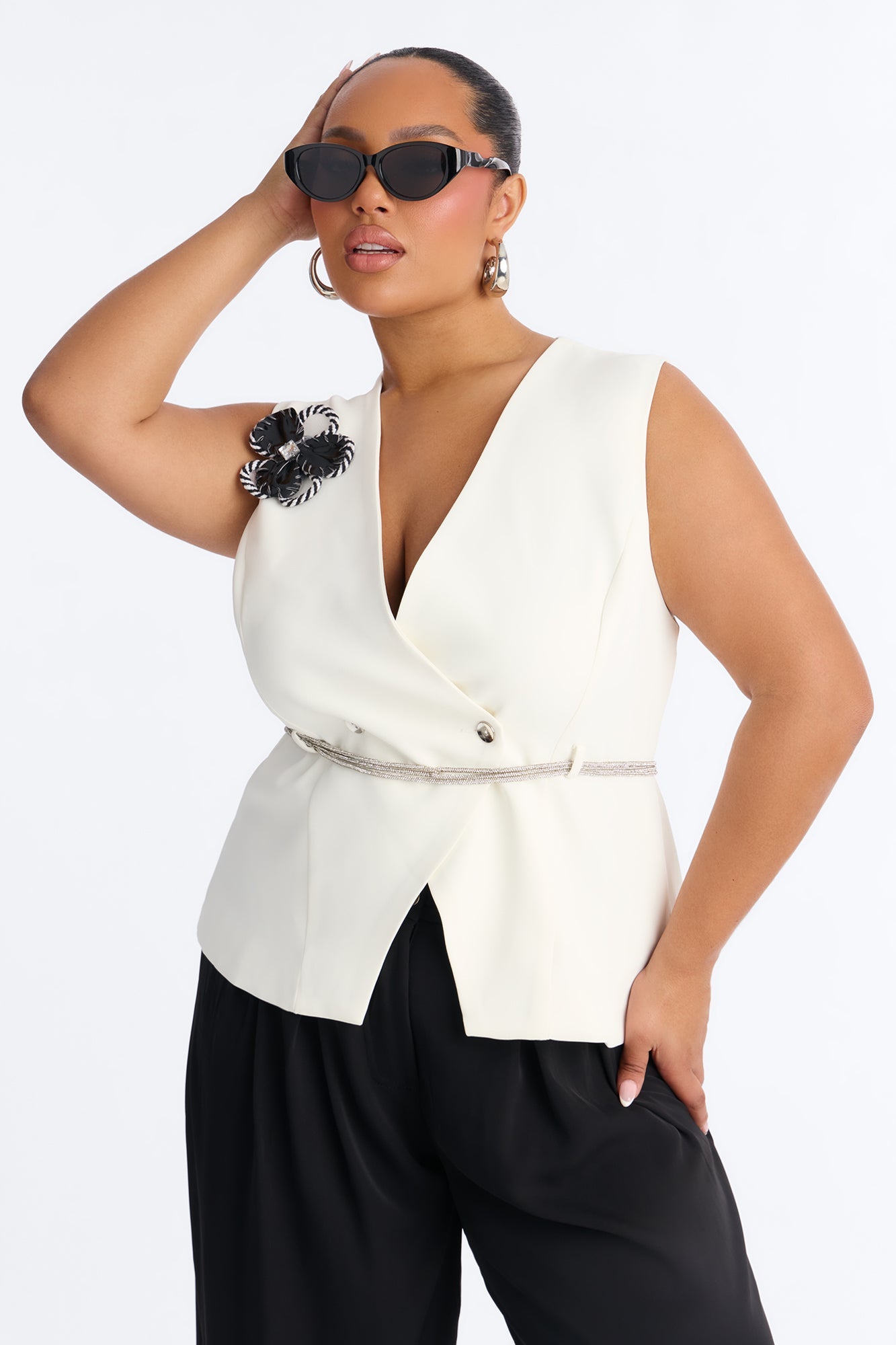 Elise Belted Vest 3 Piece Pant Set - Black/White