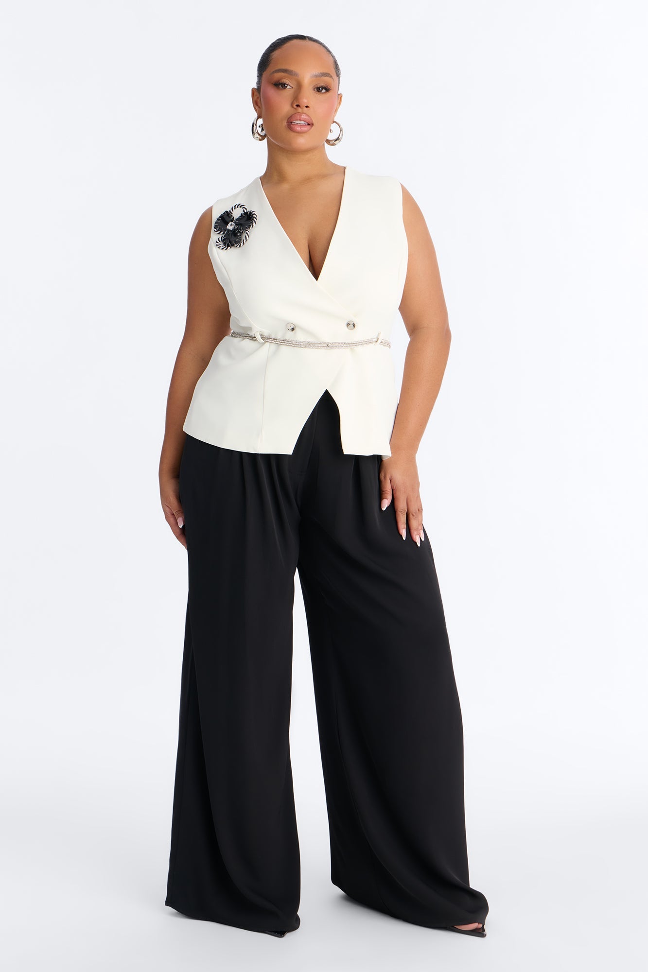 Elise Belted Vest 3 Piece Pant Set - Black/White