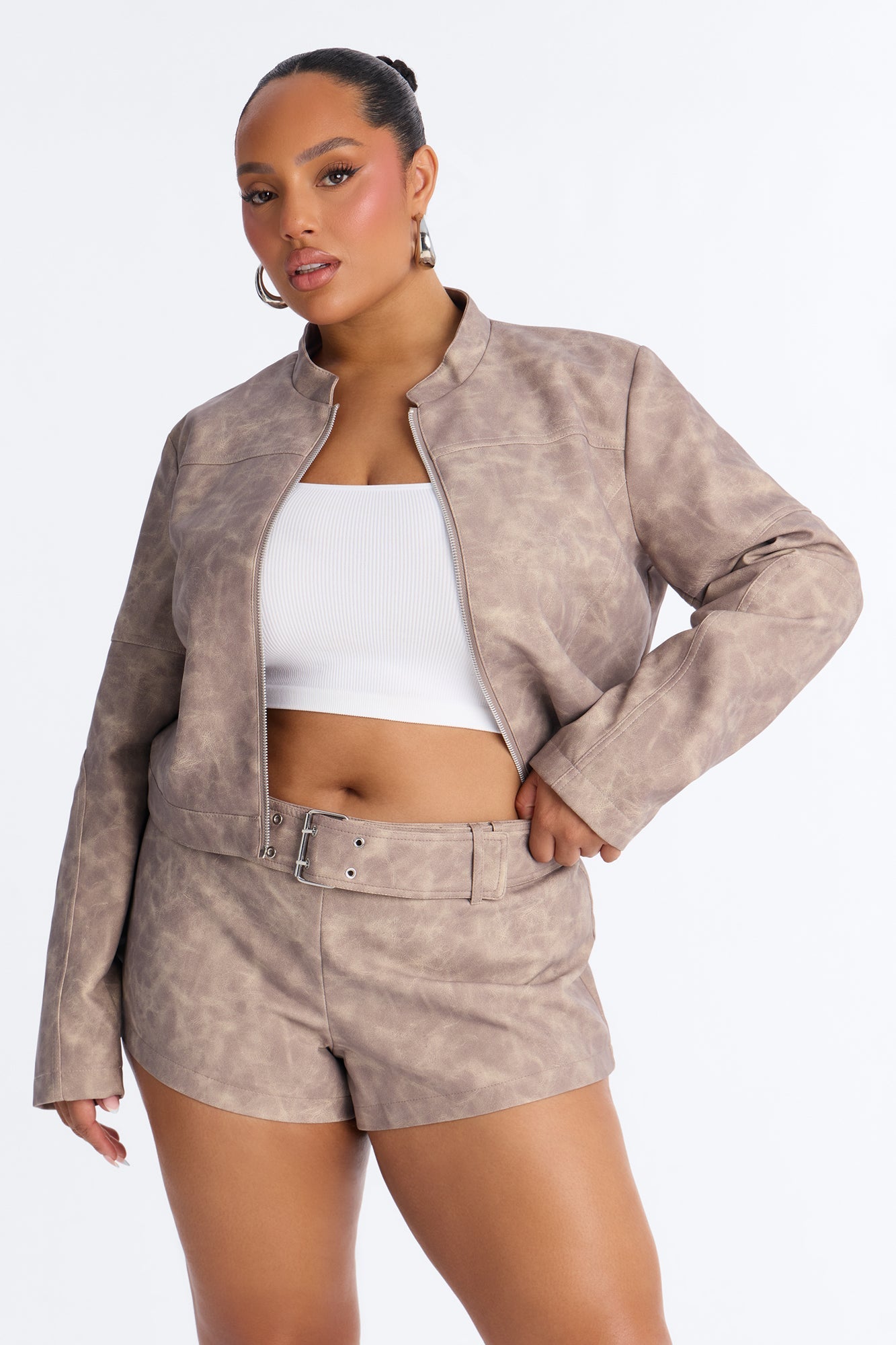 Simone Washed Faux Leather Jacket - Stone