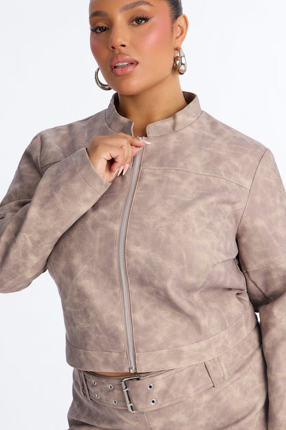 Simone Washed Faux Leather Jacket - Stone