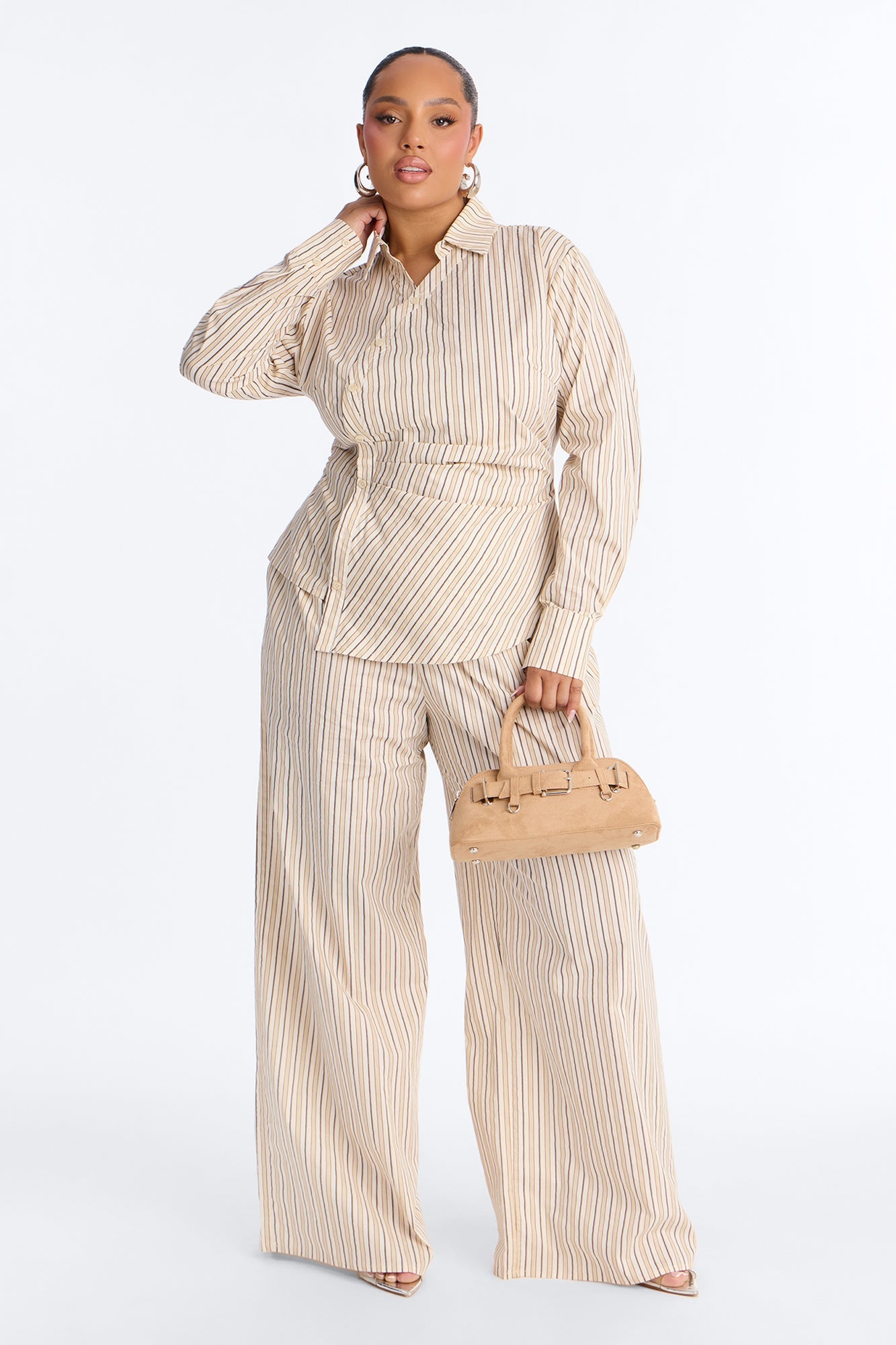 Margot Wrap Pinstripe Pant Set - Cream/combo